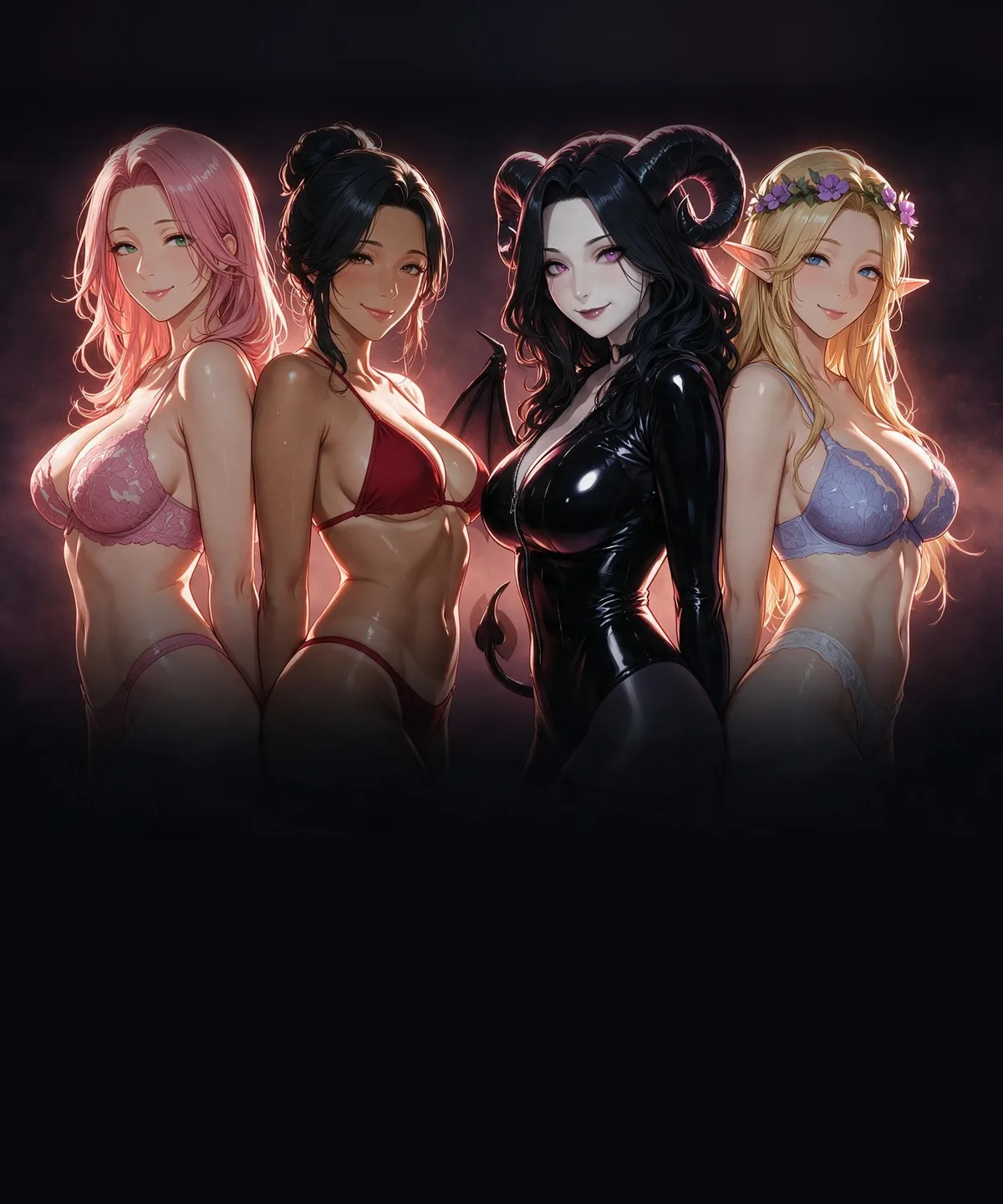 Ivy, Luz, Nyx and Aelira, Lovi's anime girls, back to back in lingerie